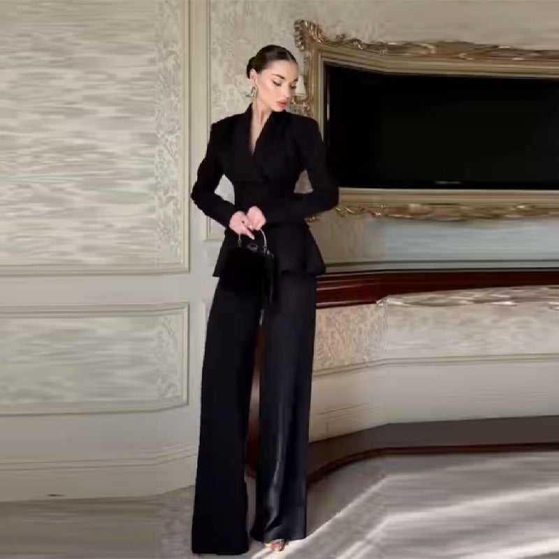 Women's Tailored Peplum Blazer and Palazzo Pants Set Fashion Glam