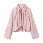 Women Cropped Jacket with Draped Front, Zipper and Balloon Sleeves Fashion Glam