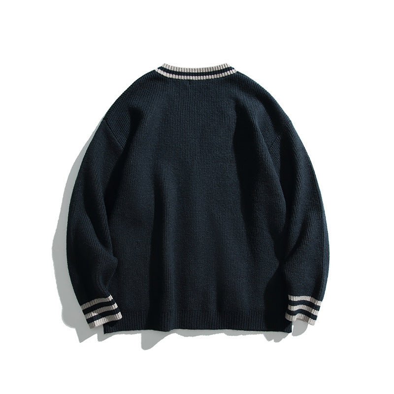 Unisex Oversize Knit Cardigan with Contrast Stripes, V-Neck and Patch Pockets Fashion Glam