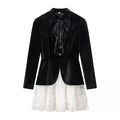 Women's dress in two-piece look with velvet blazer top, bow collar, and tiered lace skirt Fashion Glam