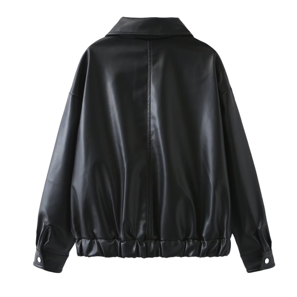 Women's Oversize Faux Leather Bomber Jacket with Zipper, Elastic Hem and Flap Pockets Fashion Glam