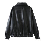Women's Oversize Faux Leather Bomber Jacket with Zipper, Elastic Hem and Flap Pockets Fashion Glam