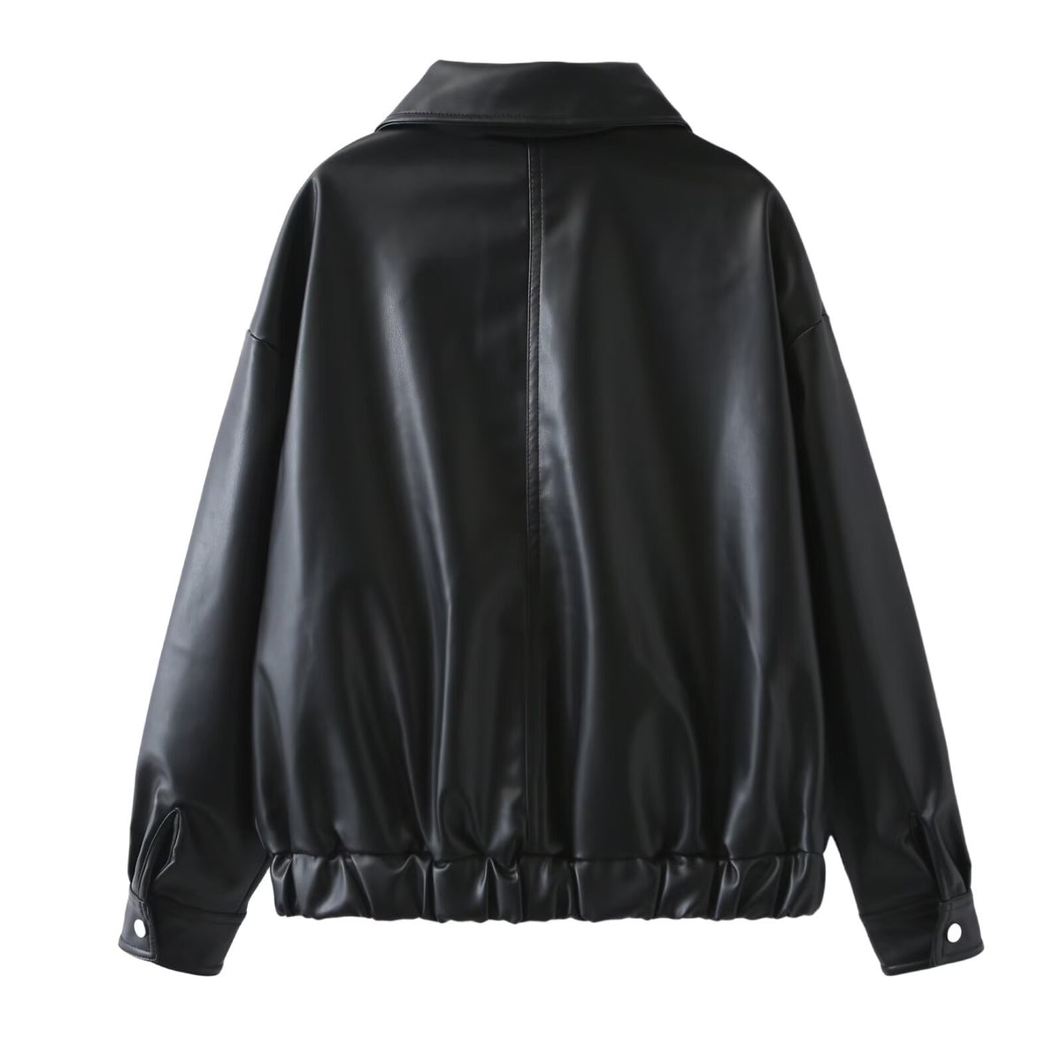 Women's Oversized Faux Leather Bomber Jacket with Zipper, Flap Pockets and Elastic Hem Fashion Glam