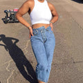 Ladies High-Waisted Cropped Mom Jeans with Asymmetrical Waist and Straight Leg Fashion Glam