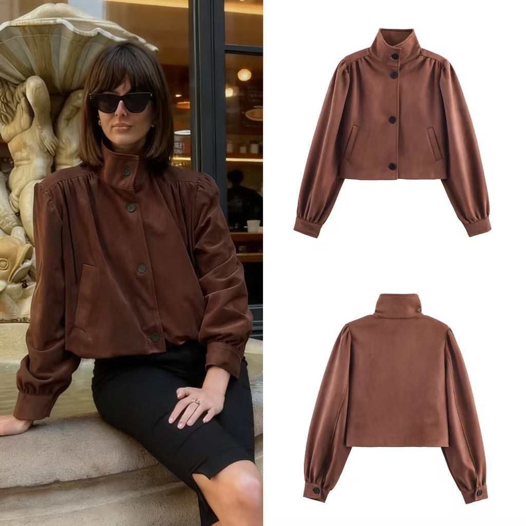 Women's short-cut suede-look jacket with stand-up collar, balloon sleeves, and pocket flaps Fashion Glam
