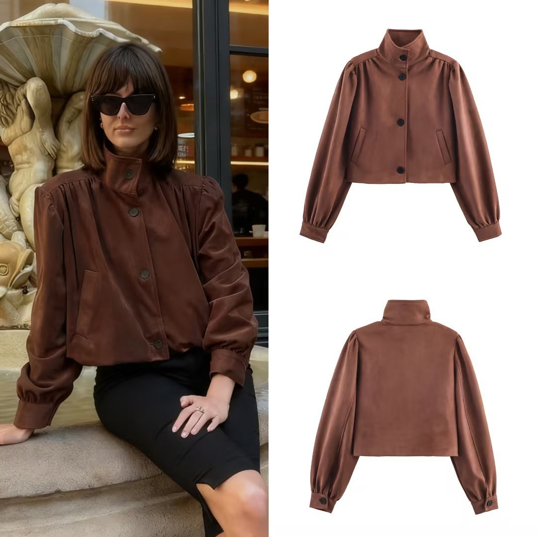 Women's short-cut suede-look jacket with stand-up collar, balloon sleeves, and pocket flaps Fashion Glam