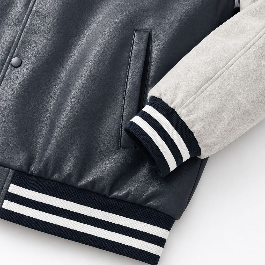 Men's varsity bomber jacket in retro college style with faux leather body and contrast sleeves Fashion Glam