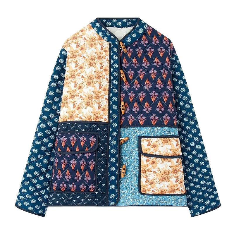 Women Padded Patchwork Quilted Jacket with Toggle Closures and Patch Pockets Fashion Glam