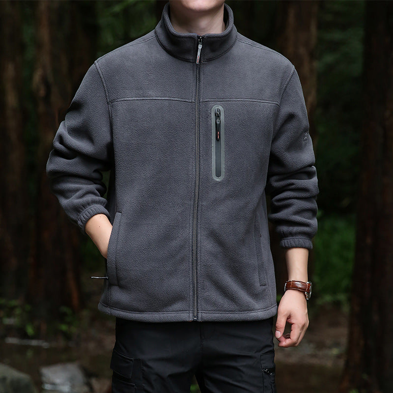 Men's Thermal Microfleece Outdoor Jacket with Stand-Up Collar, Waterproof Chest Zip Pocket Fashion Glam