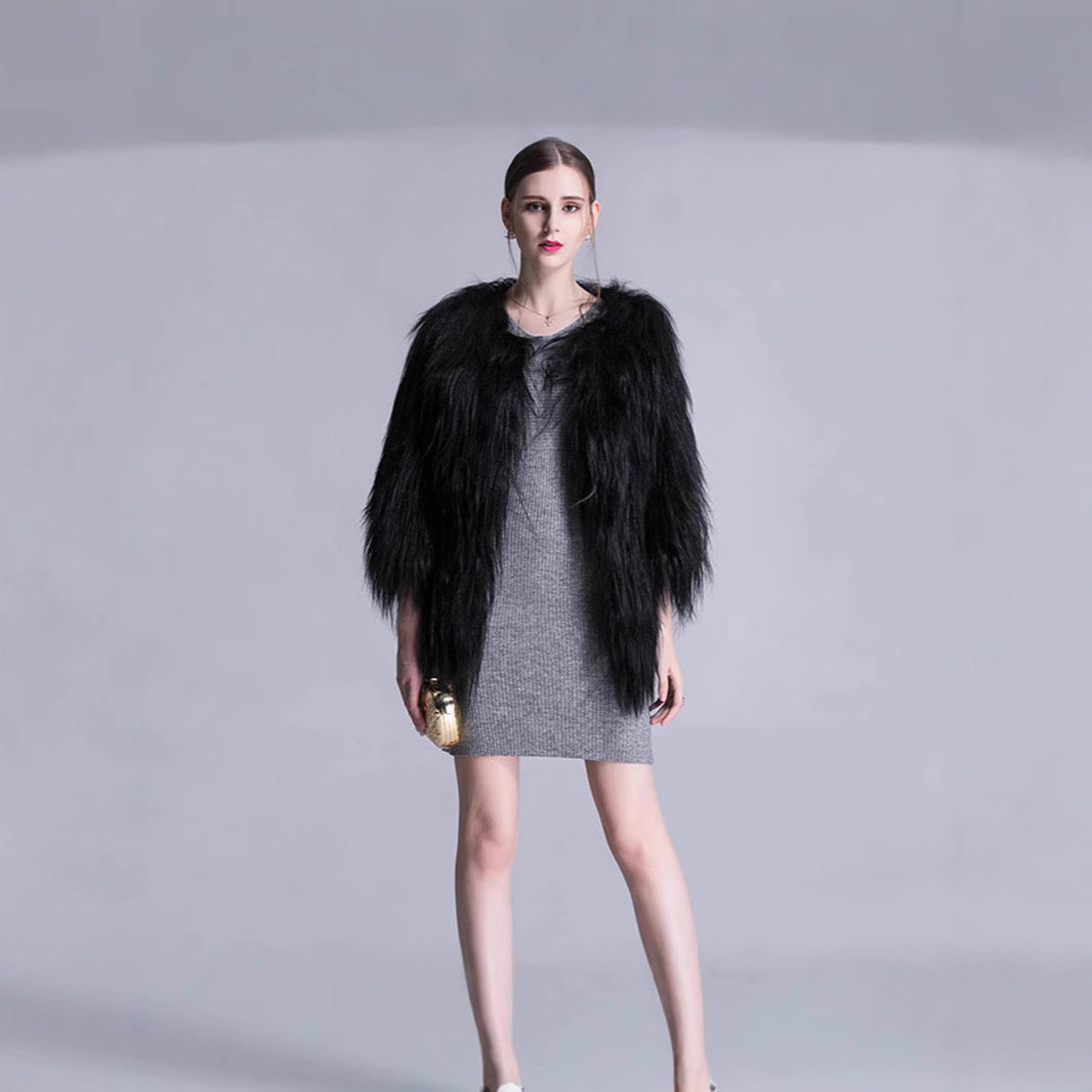 Women Long-Pile Faux Fur Coat with Open Front and Elegant Silhouette Fashion Glam