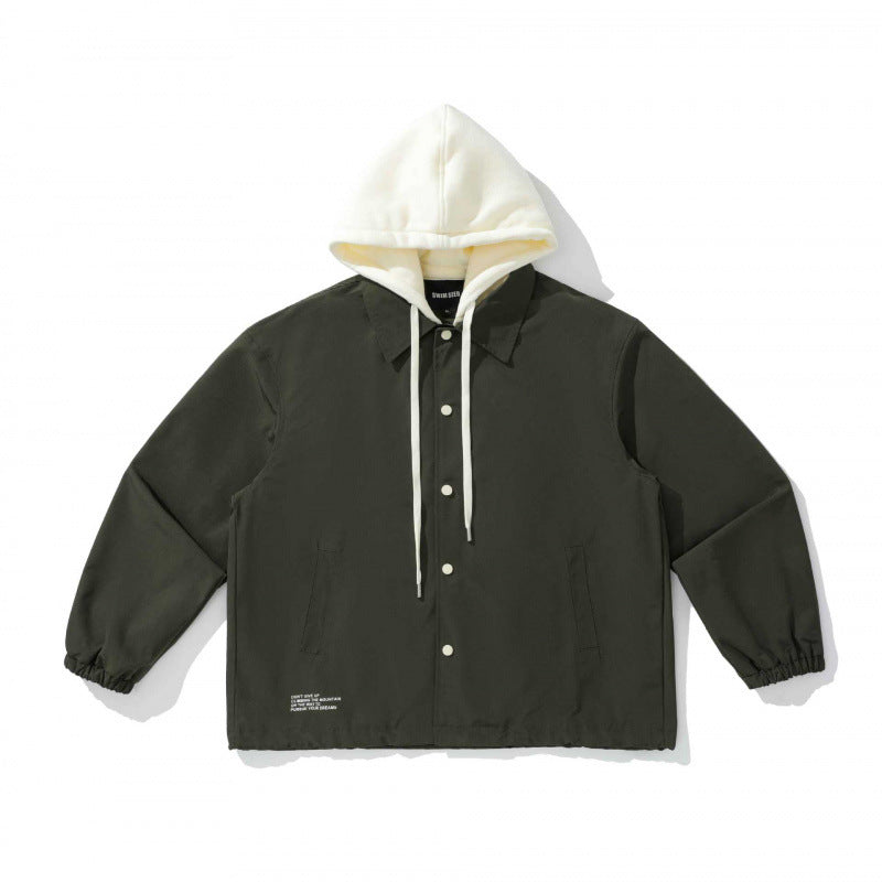 Unisex Two-Layer Overshirt Jacket with Attached Fleece Hood and Snap Button Placket Fashion Glam