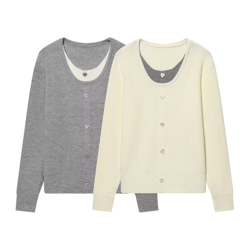 Women's two-layer fine knit cardigan with integrated under top and heart buttons Fashion Glam