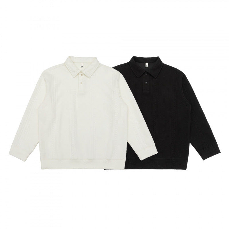 Unisex polo shirt knitted sweater with cable pattern, boxy cut and shirt collar Fashion Glam