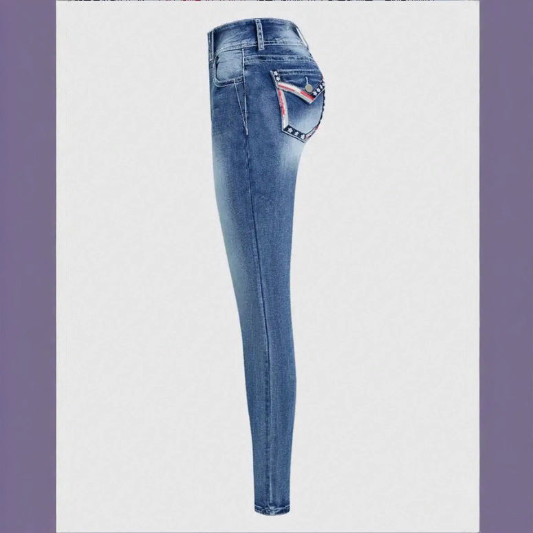 Women High-Waisted Cropped Skinny Jeans with Double Button and Vintage Wash Fashion Glam