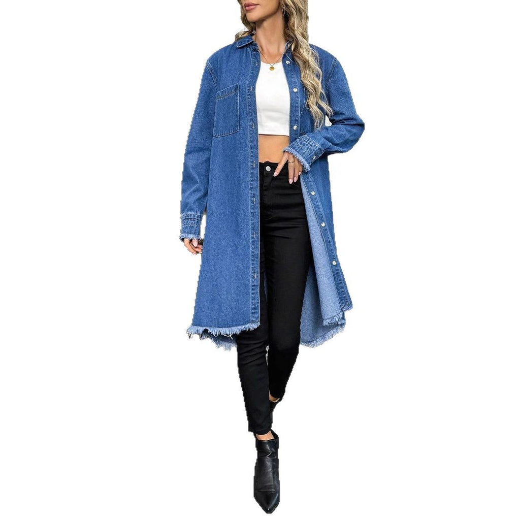 Women's Oversize Denim Shirt Jacket in Longline Cut with Frayed Hem Fashion Glam
