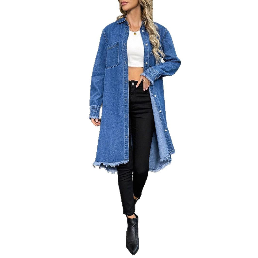 Women's Oversize Denim Shirt Jacket in Longline Cut with Frayed Hem Fashion Glam