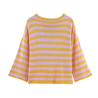 Women Oversized Striped Fine Knit Sweater with Round Neck and Half-Length Sleeves Fashion Glam