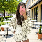 Ladies Two-Piece Polka Dot Linen Blend Set with Boxy Cropped Jacket and High Waist Shorts Fashion Glam