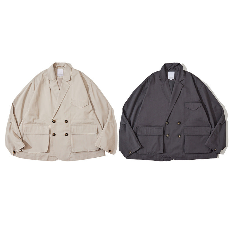 Unisex Boxy Overjacket with double-breasted button placket, large utility patch pockets and short boxy cut Fashion Glam