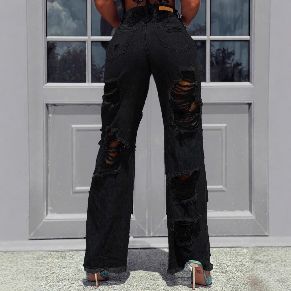 Ladies high-waisted destroyed jeans with wide legs and large knee rips Fashion Glam