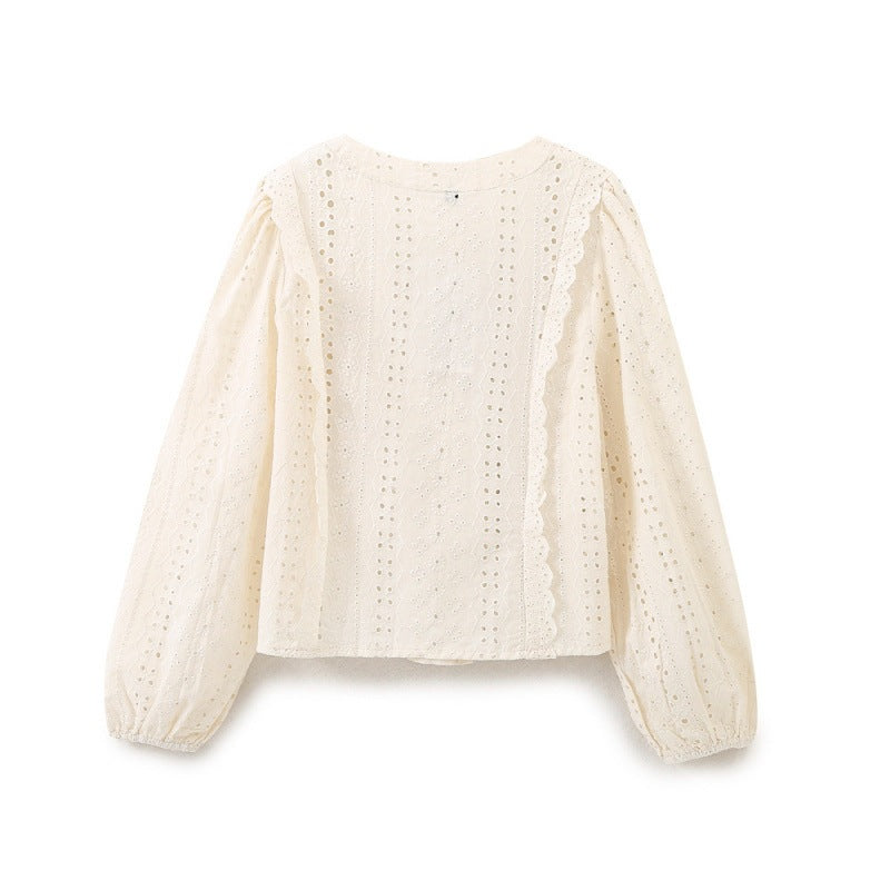 Ladies Broderie Anglaise Cotton Blouse with Ruffle Trim and Balloon Sleeves Fashion Glam