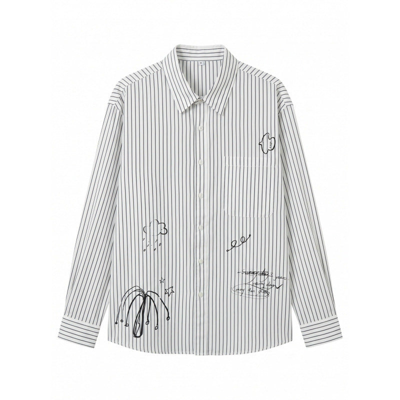 Unisex Oversize Stripe Shirt with Doodle Print, Chest Pocket and Shirt Collar Fashion Glam