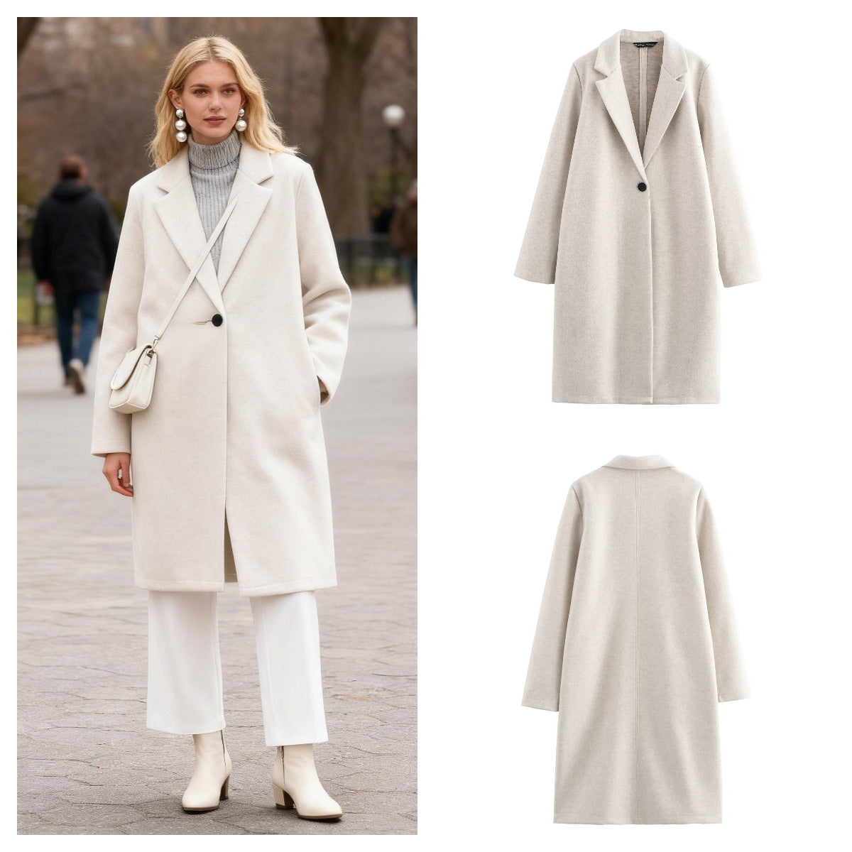 Ladies Purist longline coat with lapel collar, single button closure and soft felt finish Fashion Glam