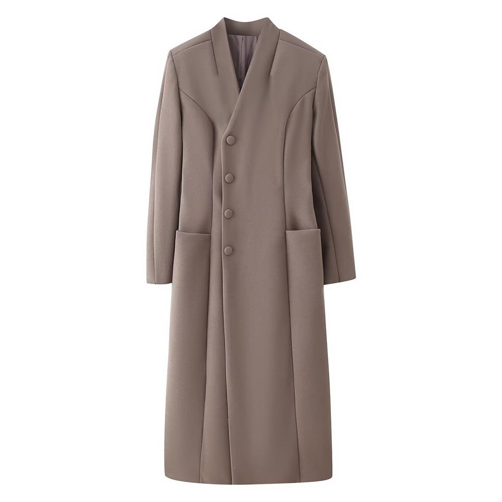 Women's Elegant Wool Look Maxi Coat with Concealed Button Placket and Patch Pockets Fashion Glam