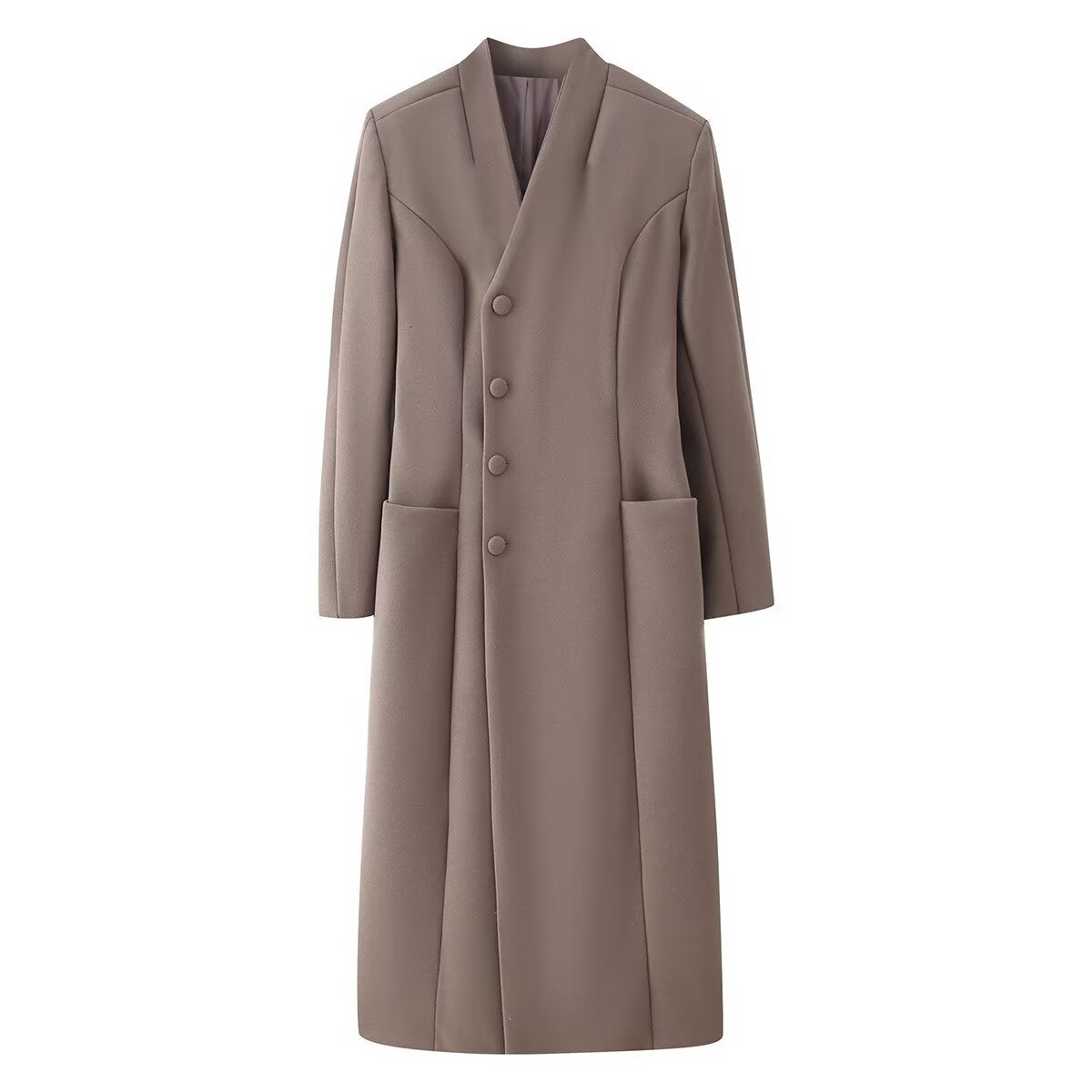 Women's Elegant Wool Look Maxi Coat with Concealed Button Placket and Patch Pockets Fashion Glam