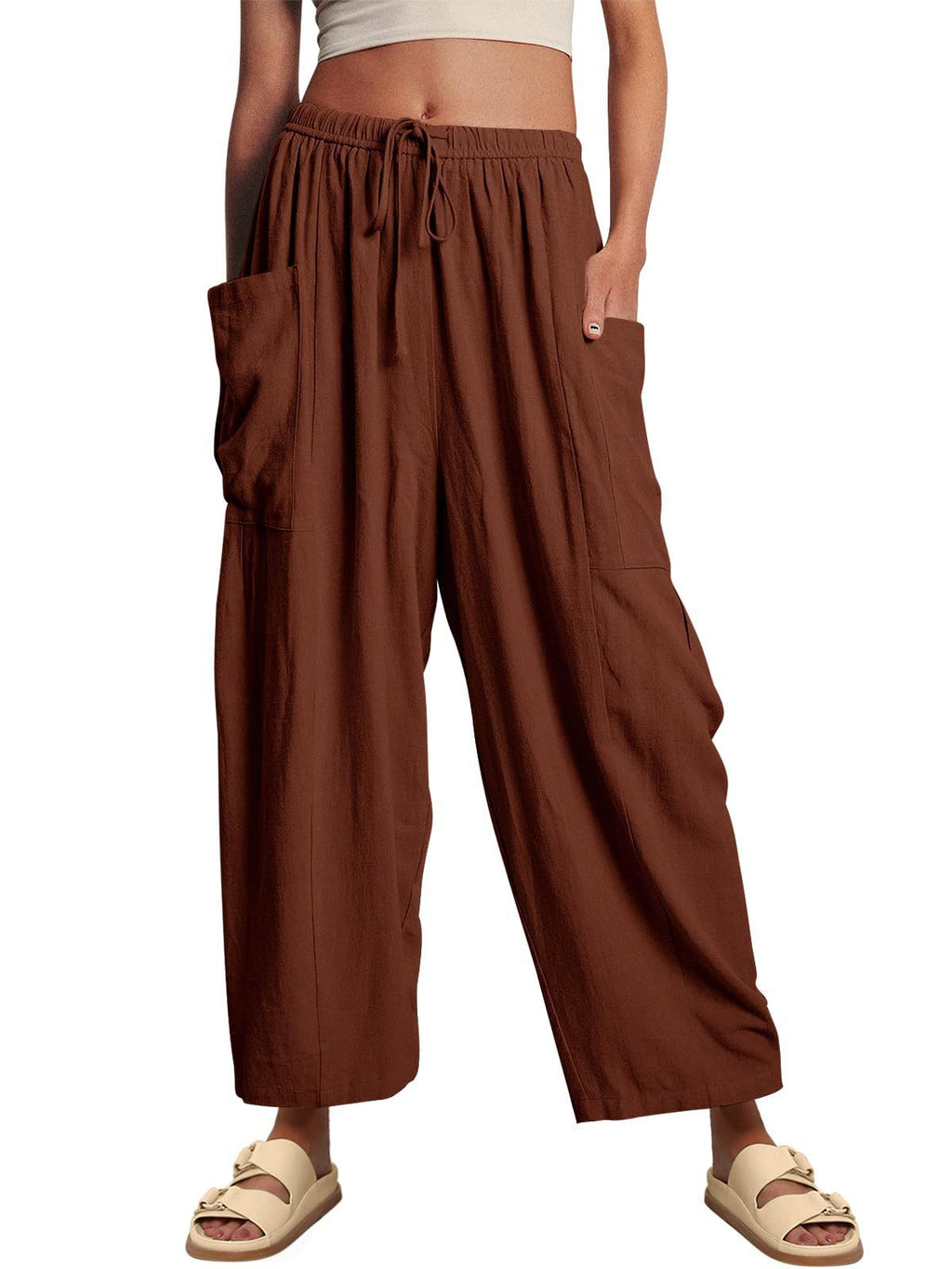 Women's High-Waisted Relaxed Cargo Pants made of Linen Blend with Drawstring and Patch Pockets Fashion Glam