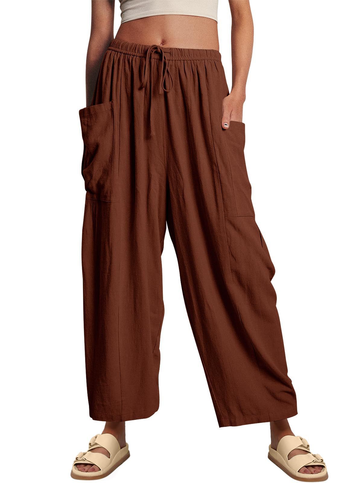 Women's High-Waisted Relaxed Cargo Pants made of Linen Blend with Drawstring and Patch Pockets Fashion Glam