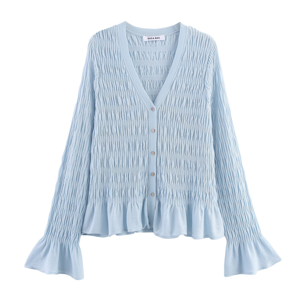 Women's gathered smock cardigan with V-neck and ruffle sleeves Fashion Glam