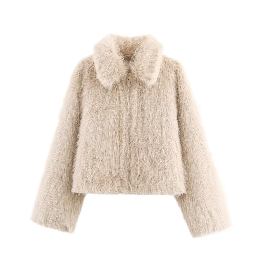 Ladies Short Fluffy Faux Fur Jacket with Lapel Collar and Straight Hem Fashion Glam