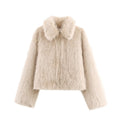 Ladies Short Fluffy Faux Fur Jacket with Lapel Collar and Straight Hem Fashion Glam