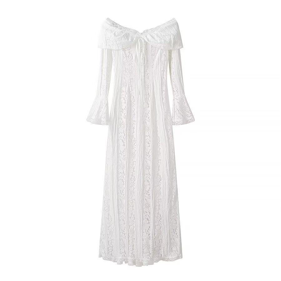 Ladies maxi dress made of lace with off-shoulder Carmen neckline and bell sleeves Fashion Glam