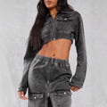 Women's Cropped Denim Set consisting of jacket and midi skirt with zipper, elastic waistband & cargo pockets Fashion Glam