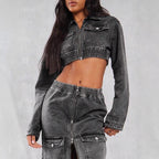 Women's Cropped Denim Set consisting of jacket and midi skirt with zipper, elastic waistband & cargo pockets Fashion Glam
