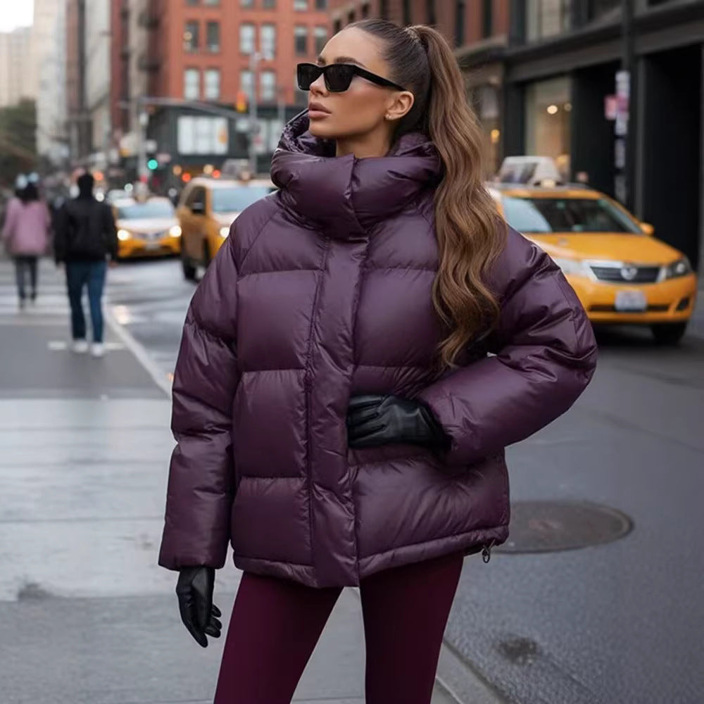 Women's Oversize Quilted Puffer Jacket with High Collar and Hood Fashion Glam