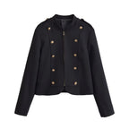 Ladies fitted short jacket in military style with decorative double-button placket, zipper, and shoulder epaulettes Fashion Glam