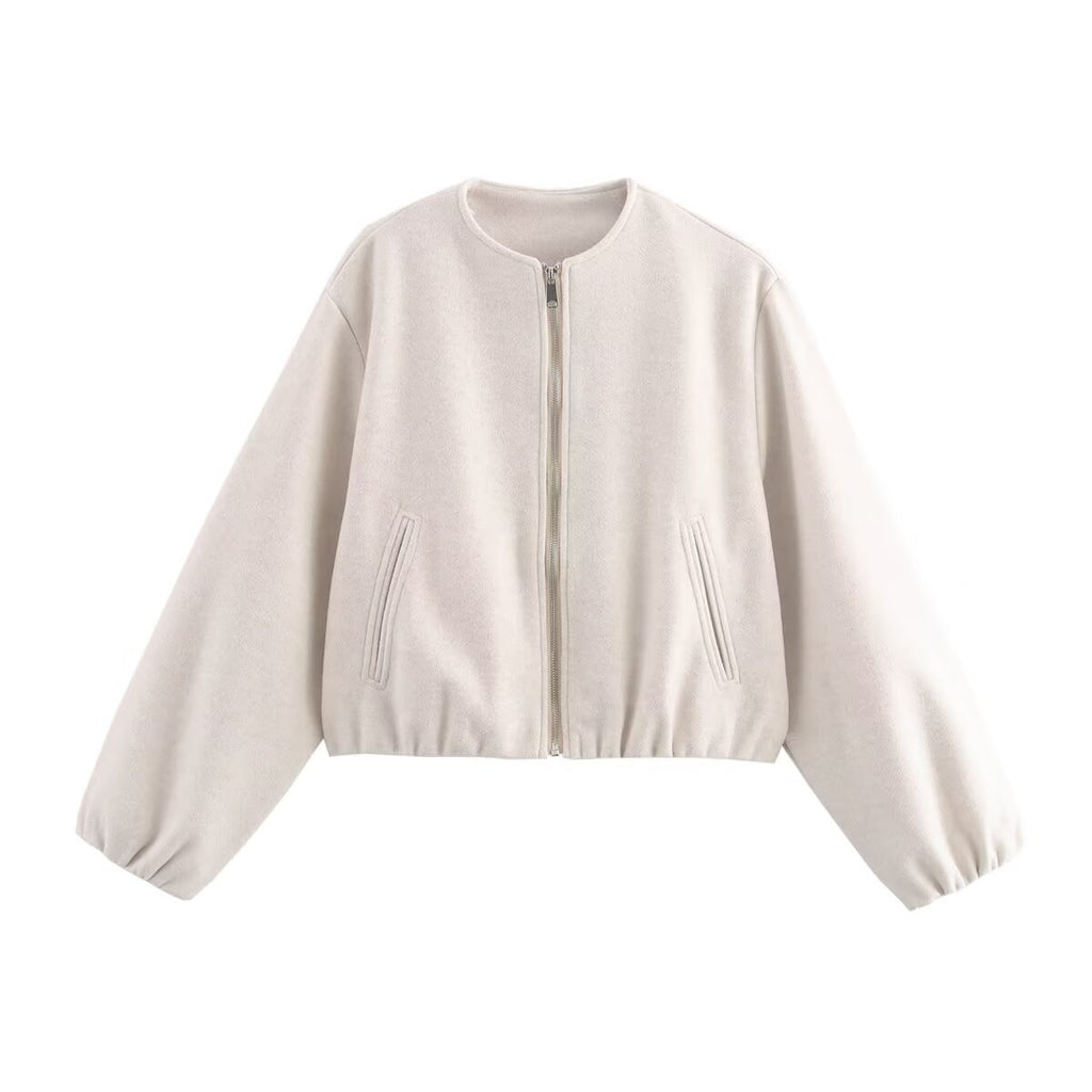 Women Short Wool Look Cropped Jacket with Zipper, Round Neck and Balloon Sleeves Fashion Glam