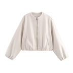 Women Short Wool Look Cropped Jacket with Zipper, Round Neck and Balloon Sleeves Fashion Glam
