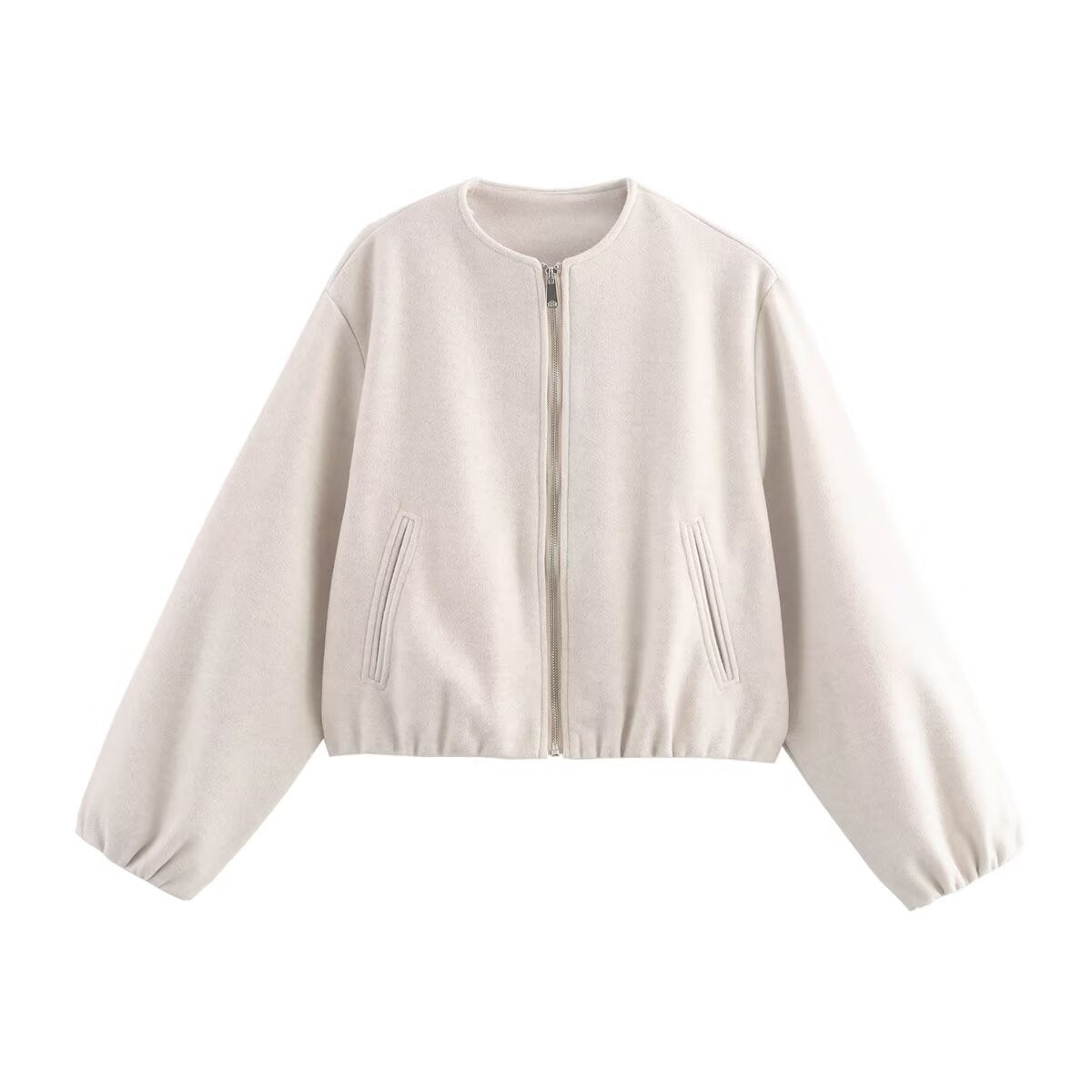 Women Short Wool Look Cropped Jacket with Zipper, Round Neck and Balloon Sleeves Fashion Glam