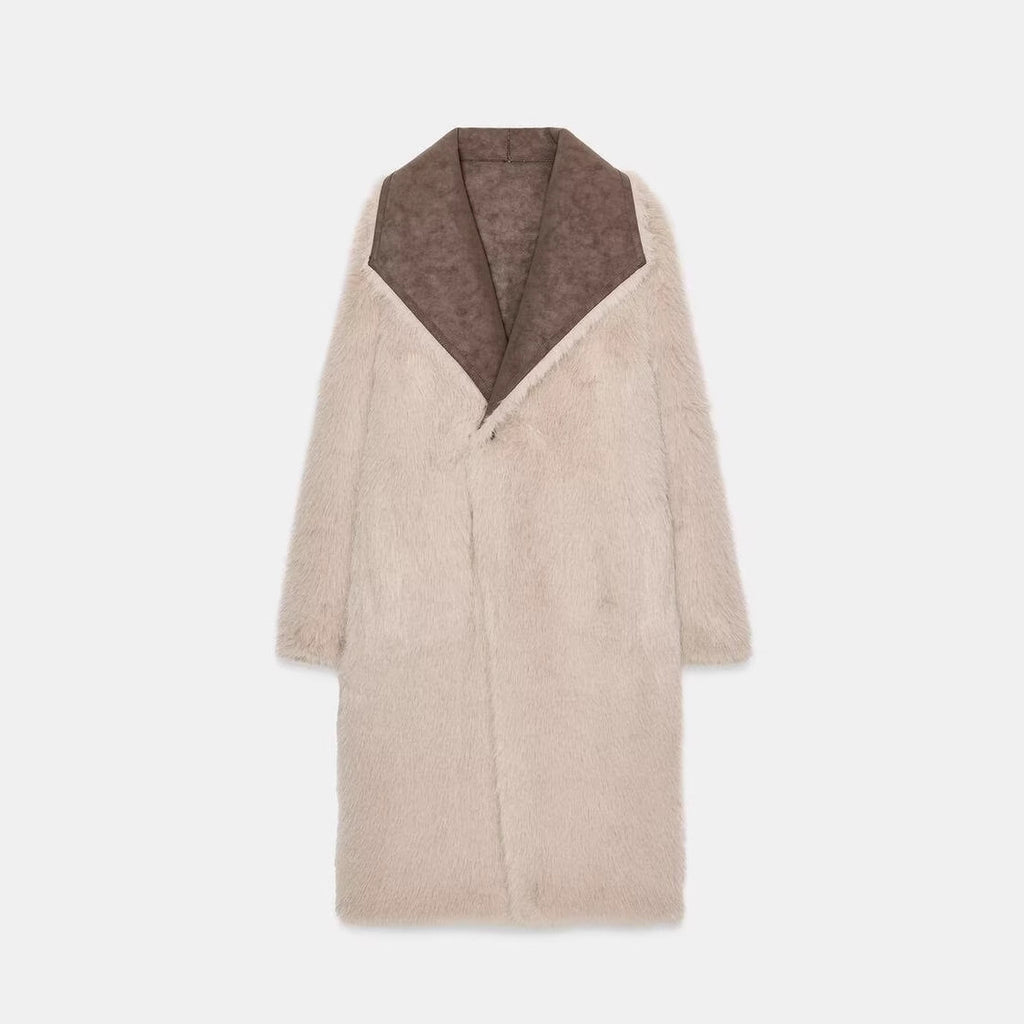 Women's Long Faux Fur Shearling Coat with Oversized Shawl Collar and Patch Pockets Fashion Glam