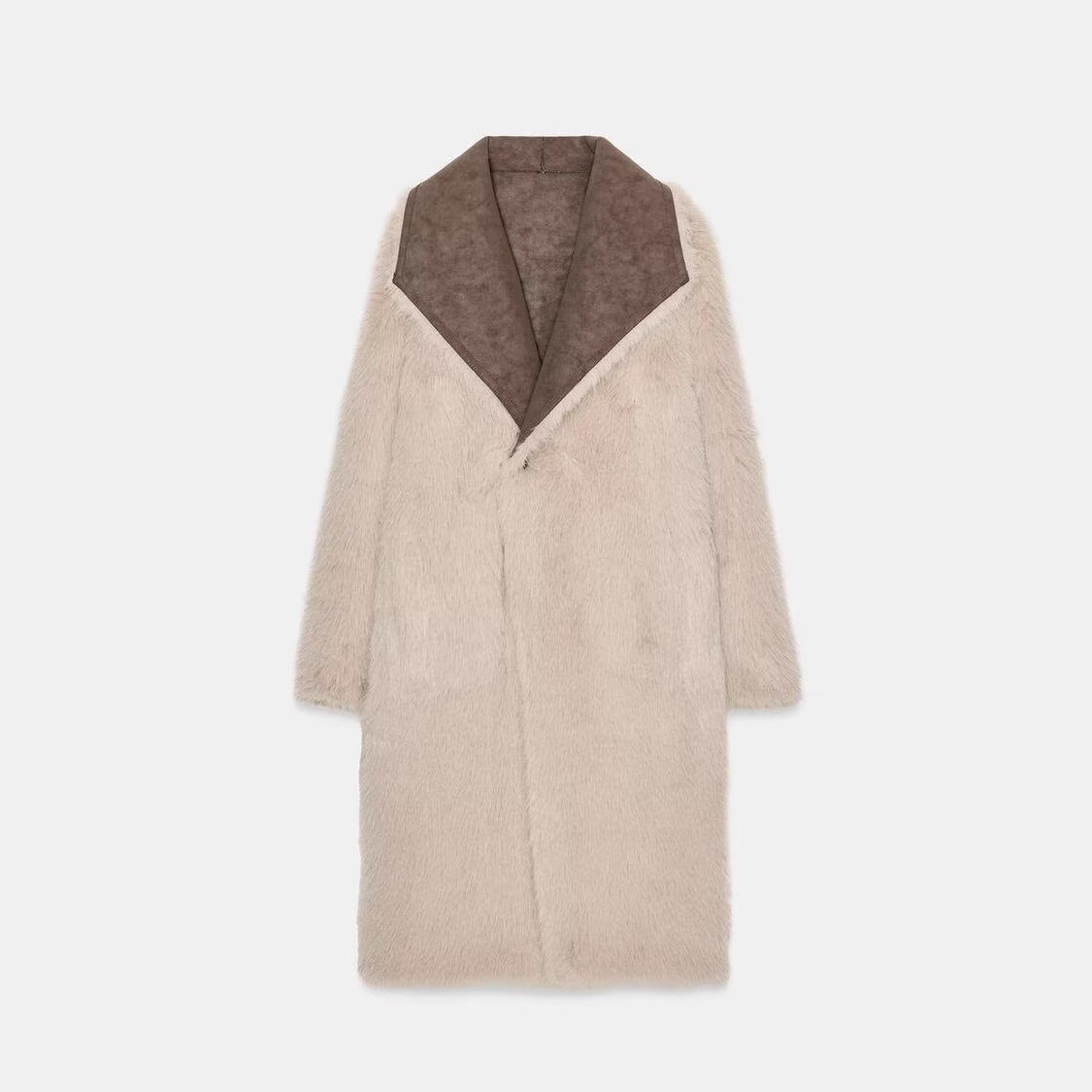 Women's Long Faux Fur Shearling Coat with Oversized Shawl Collar and Patch Pockets Fashion Glam