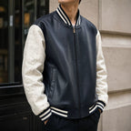 Men's varsity bomber jacket in college style with faux leather body and contrasting suede sleeves Fashion Glam