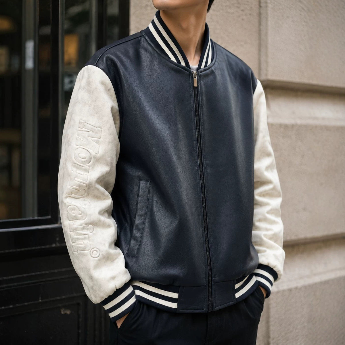 Men's varsity bomber jacket in college style with faux leather body and contrasting suede sleeves Fashion Glam