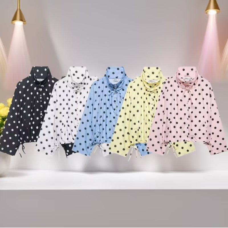 Women's Lightweight Polka Dot Windbreaker with Stand Collar, Drawstring and Button Placket Fashion Glam