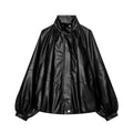 Women Oversized Leather-Like Cape with Stand Collar and Balloon Sleeves Fashion Glam