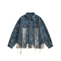 Unisex Oversized Jeans Jacket with Floral Embroidery, Contrast Panels and Frayed Hem Fashion Glam