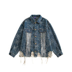 Unisex Oversized Jeans Jacket with Floral Embroidery, Contrast Panels and Frayed Hem Fashion Glam